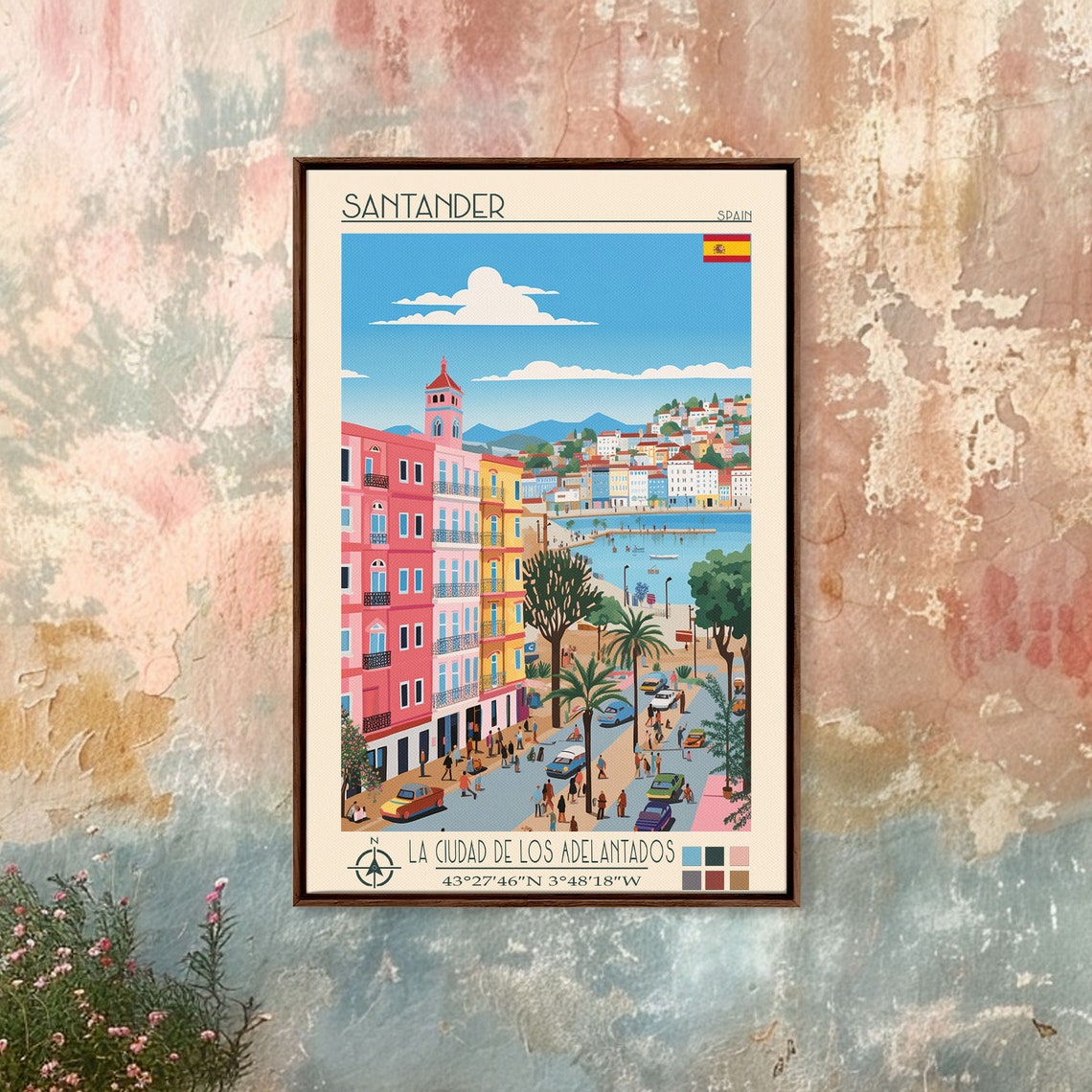 Santander Spain Bay Harbor Colorful Hillside Street View Travel Poster - Image 2