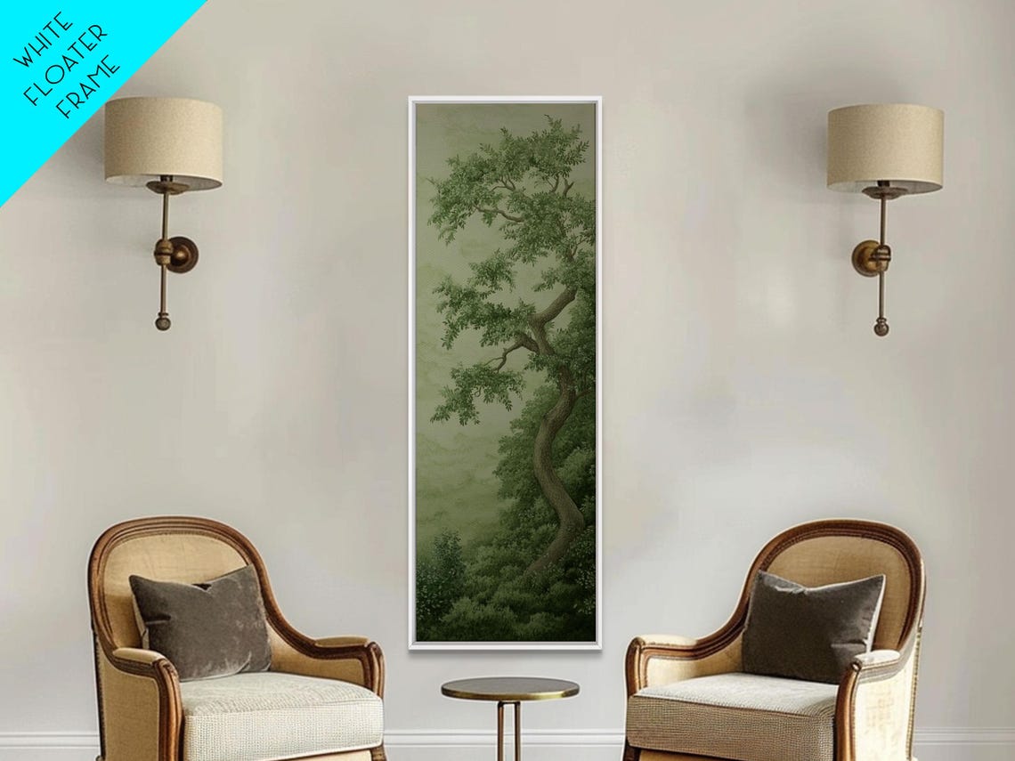 Misty Green Tree Landscape Tall Narrow Wabi Sabi Botanical Art Print - Image 2