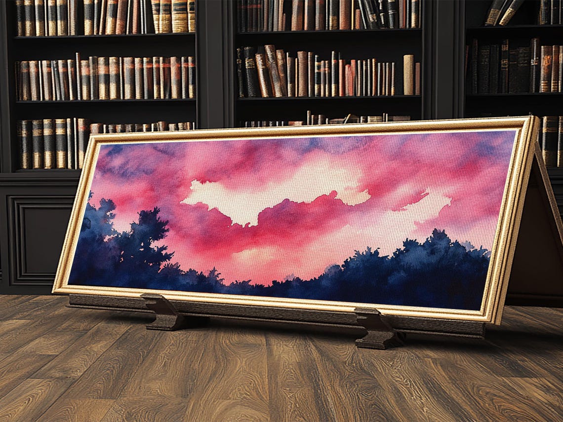 Forest Sunset Magenta Sky Silhouette Moody Nature Canvas Wall Art - Image 2