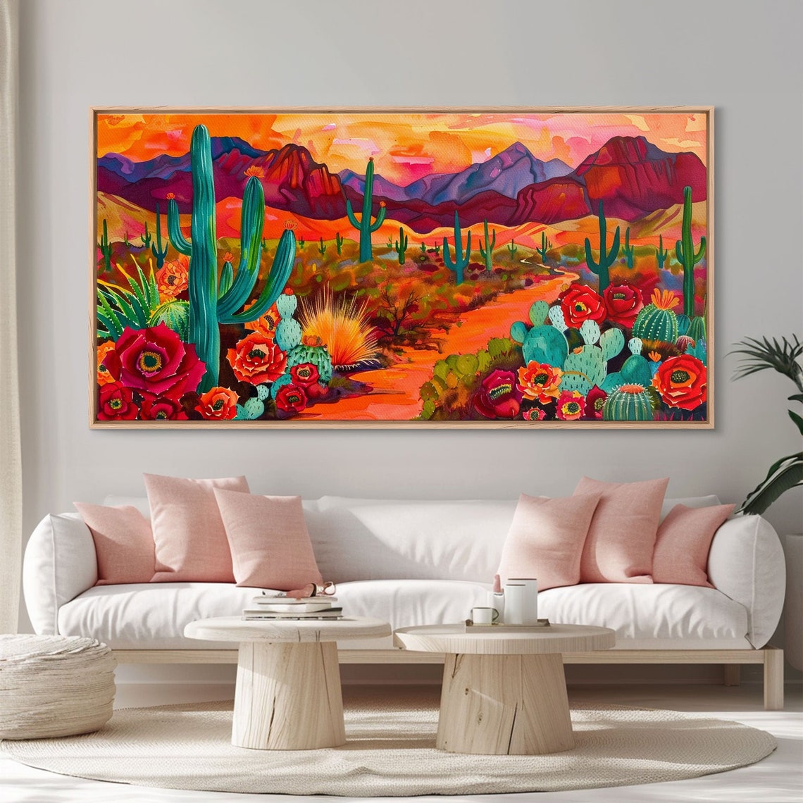Desert Cactus Garden Red Blooms Orange Sunset Mountain Art Poster - Image 4