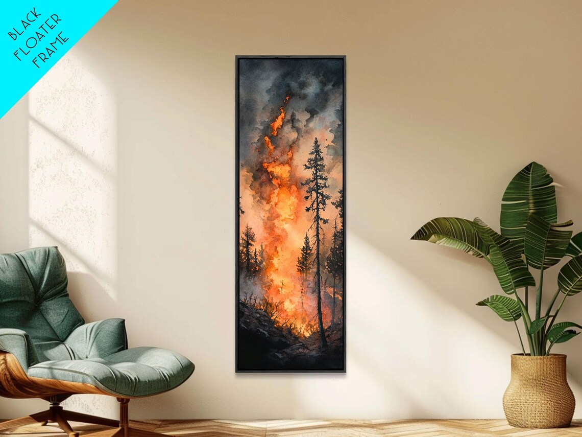 Fiery Forest Flames Print Dark Moody Art Forest Fire Scene Dramatic Wall Art Wabi Sabi Wall Art Above Bed Decor Rustic Wall Art - Image 2