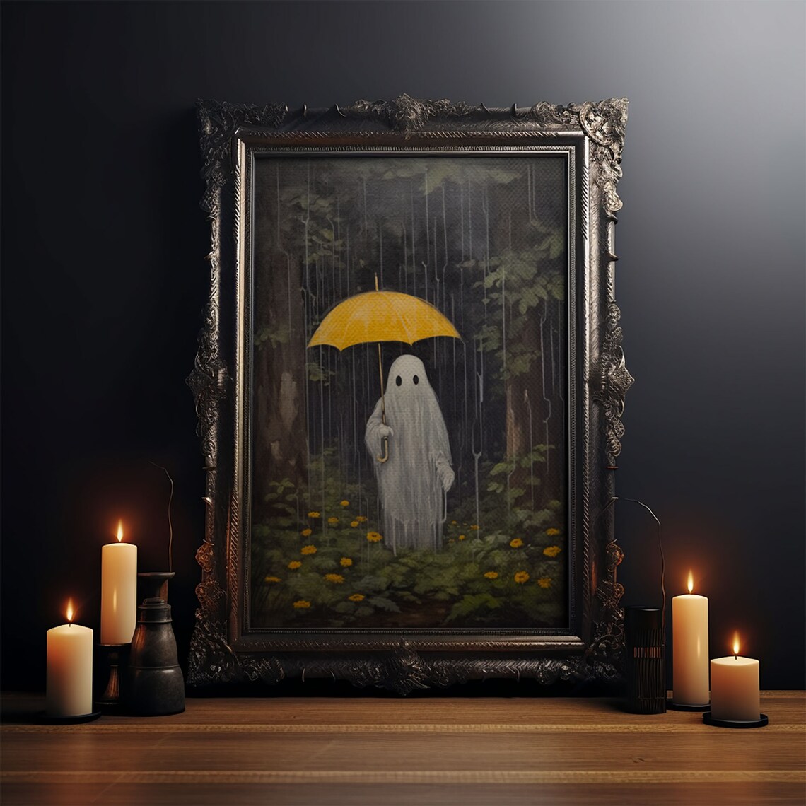 Spooky Ghost in the Rain Vintage Halloween Art Print - Image 3