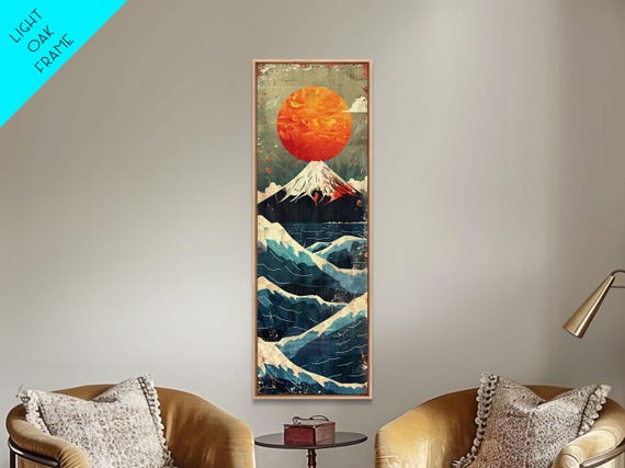 Skinny Art Tall Art Framed Print Japanese Style Art Mount Fuji Sunset Wood Block Print Ukiyo E Feng Shui Wall Art
