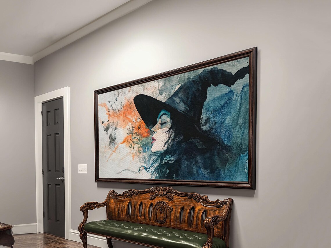 Witch Watercolor Portrait Panoramic Dark Magic Smoke Profile Blue Orange Poster - Image 4