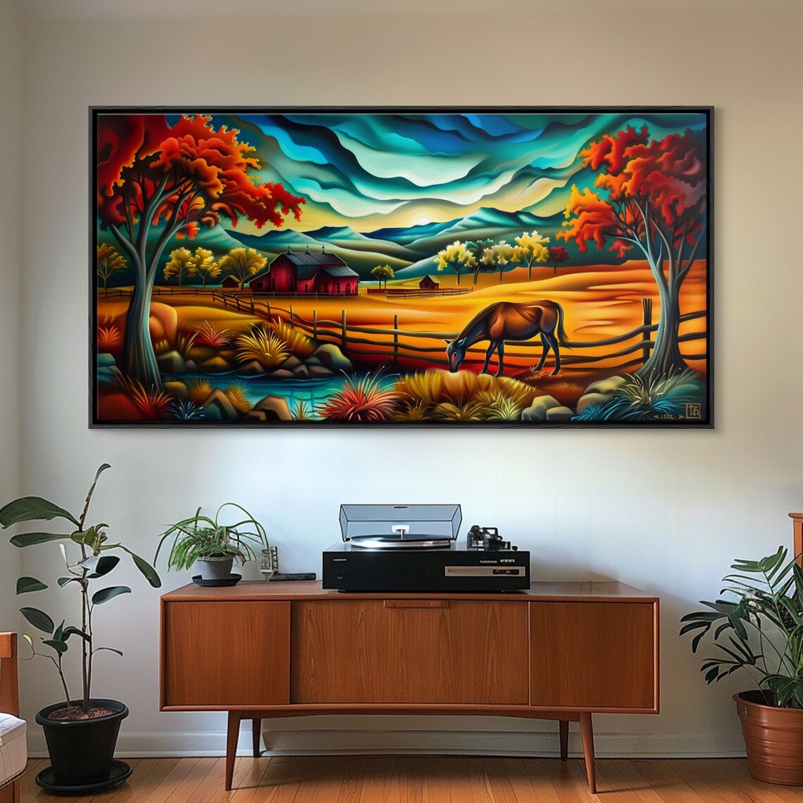 Grazing Horse By Pond Autumn Farm Red Barns Colorful Folk Art Poster - Image 4
