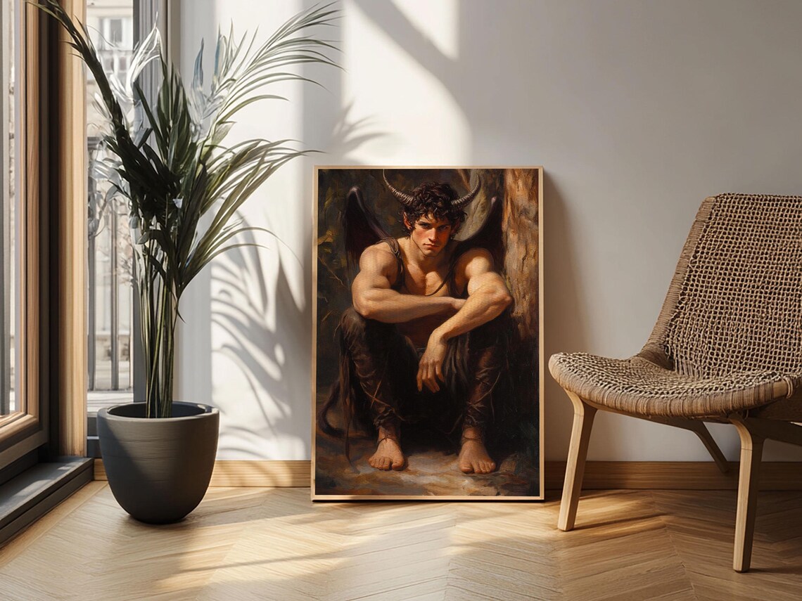 Satyr Young Horned Man Crouching Dark Mythology Classical Oil Art Poster - Image 2