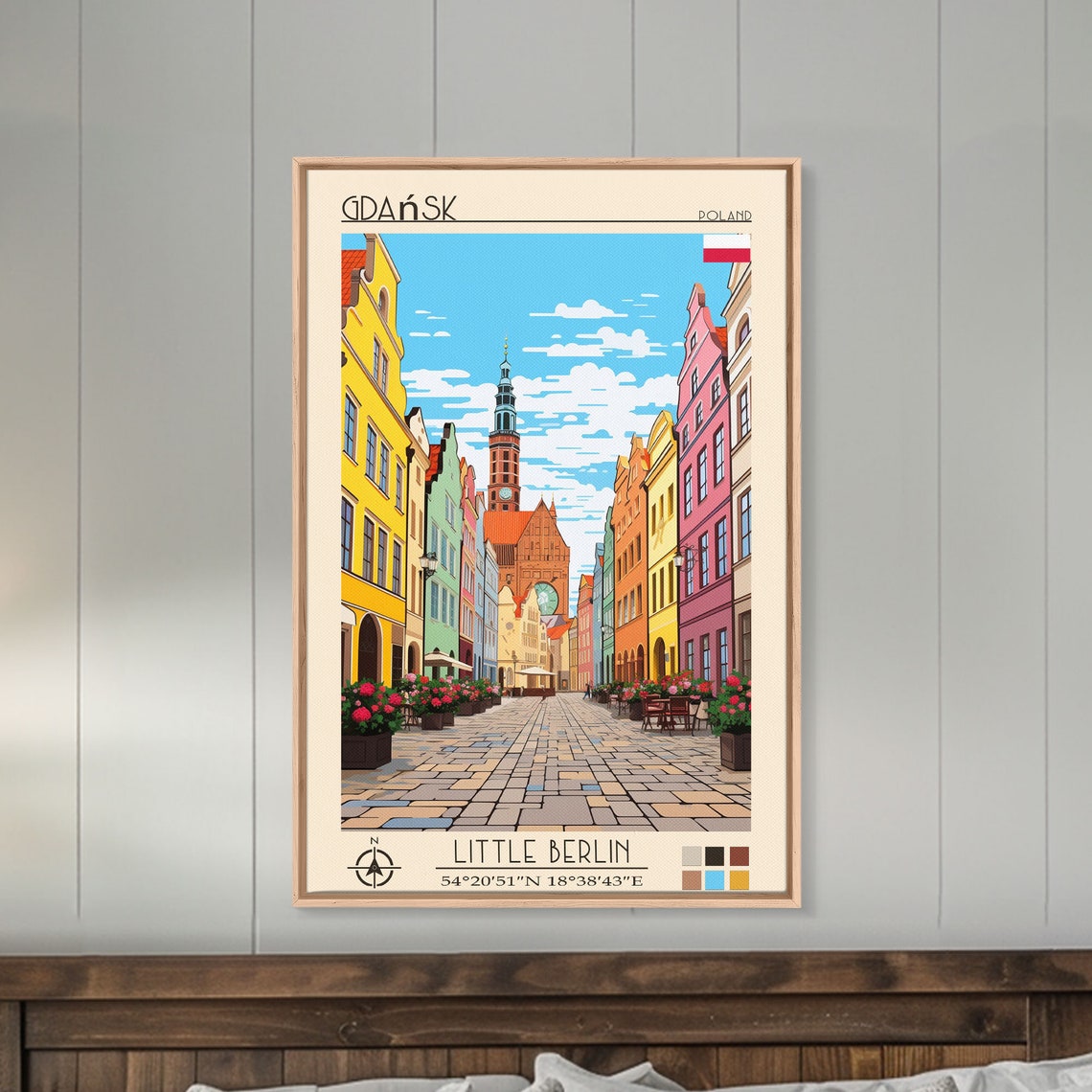 Gdansk Poland Colorful Cobbled Street Flower Planters Tower Poster - Image 5