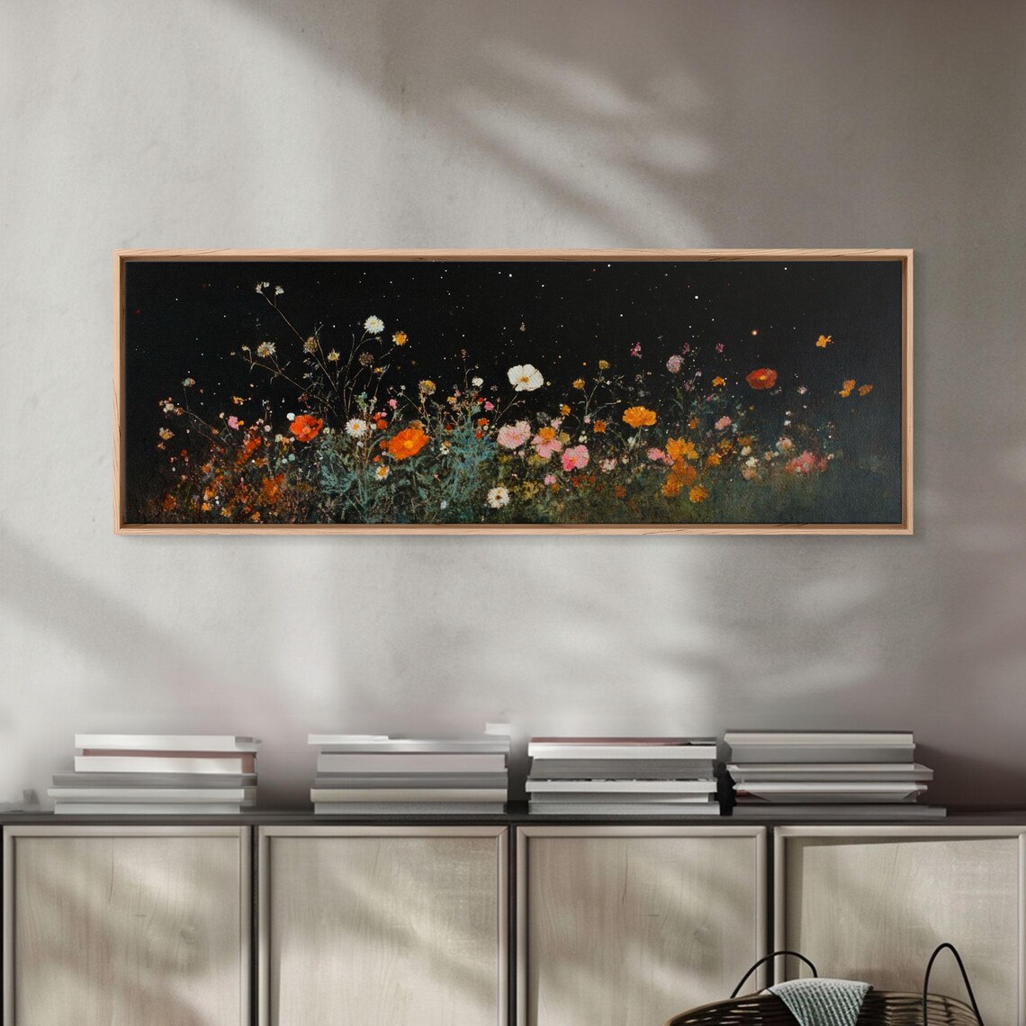 Dark Moody Wild Flowers Under A Full Moon Framed Print Panoramic Extra Wide Wall Art Oversized Home Decor - Image 4