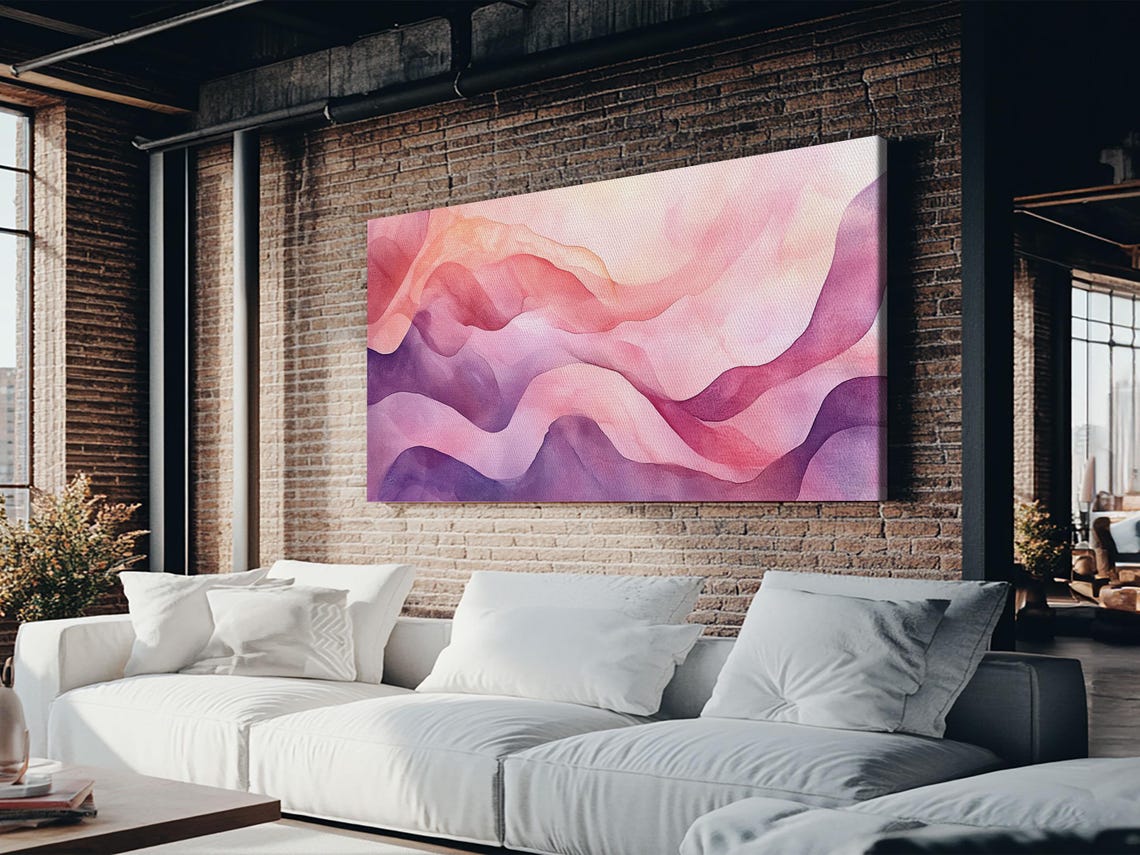 Pink Purple Flowing Waves Abstract Watercolor Calm Zen Wall Art - Image 4