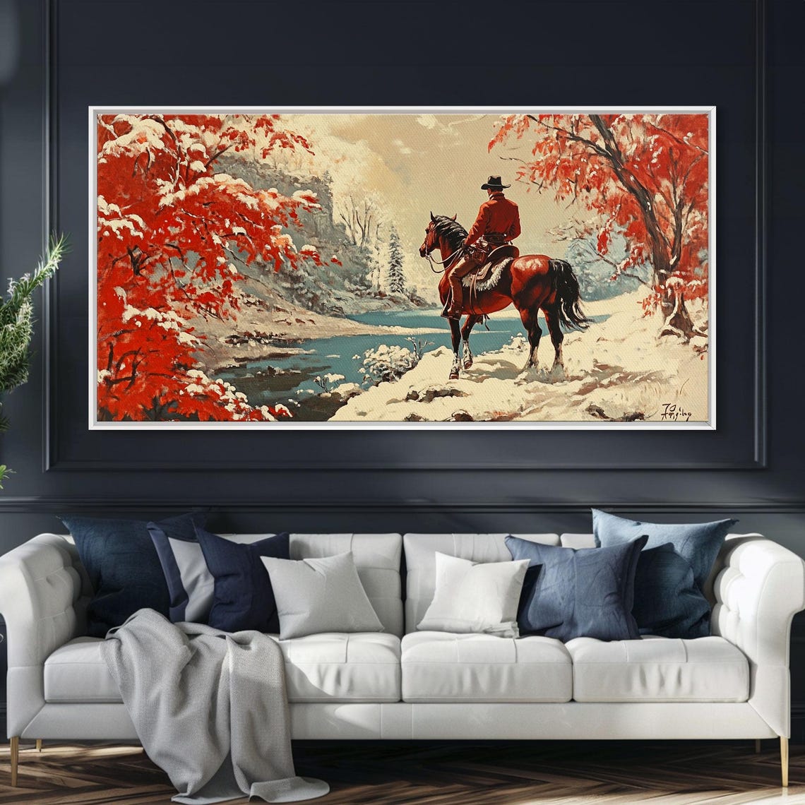 Vintage Cowboy In Red Coat By Snowy River Autumn Leaves Trail Poster