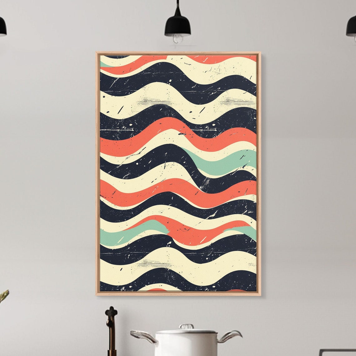 Retro Distressed Wavy Ripple Wall Art Print Coral Navy Cream Abstract - Image 5