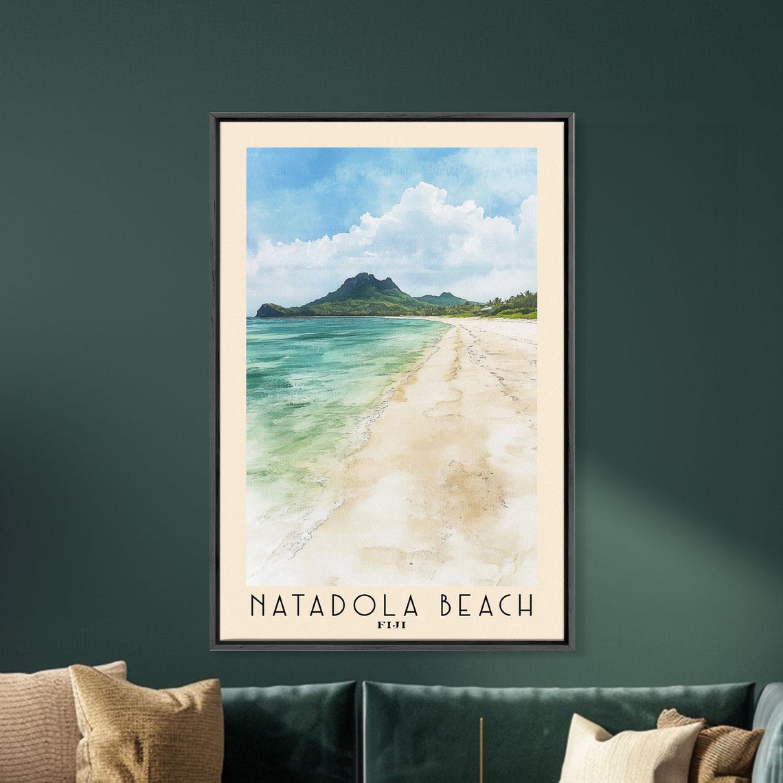 Natadola Beach Fiji Long Sandy Beach Green Mountain Watercolor Poster - Image 5