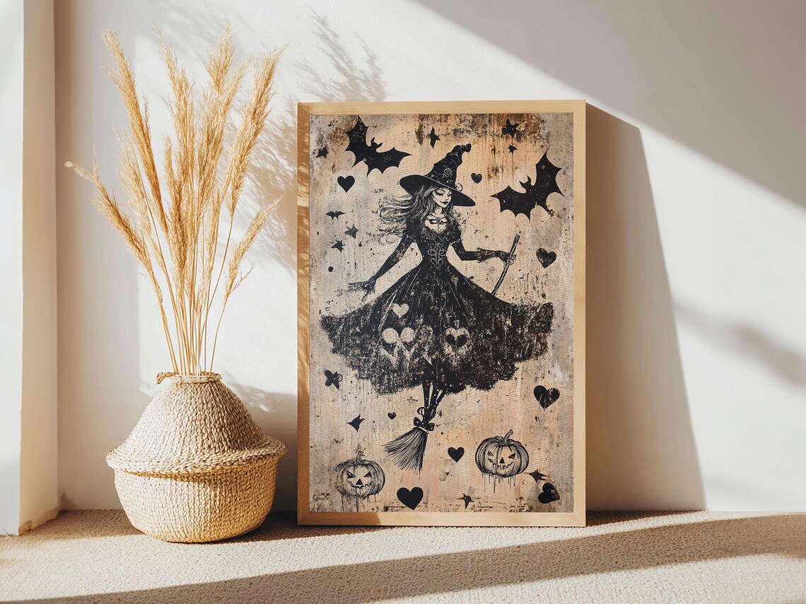 Witch Flying Broomstick Bats Vintage Silhouette Halloween Gothic Wall Art Poster - Image 4