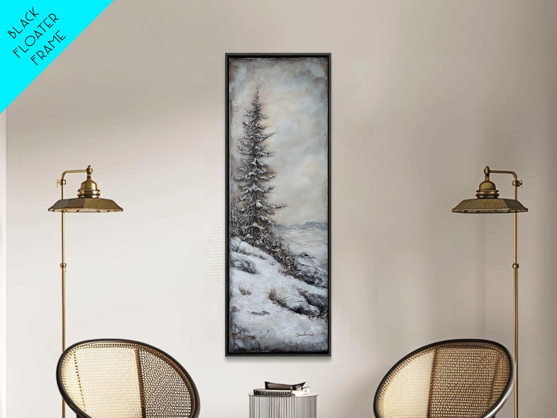 Snow Covered Pine Tree Winter Rocky Slope Moody Landscape Print - Image 2