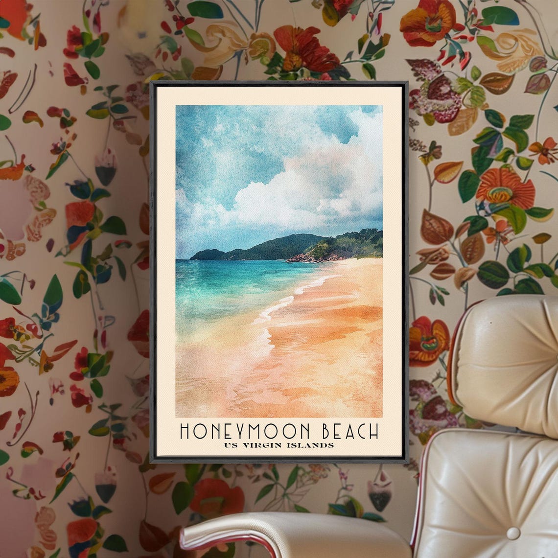 Honeymoon Beach Us Virgin Islands Watercolor Beach Print Vacation Gift Wall Art Framed Print Framed Beach Painting - Image 2