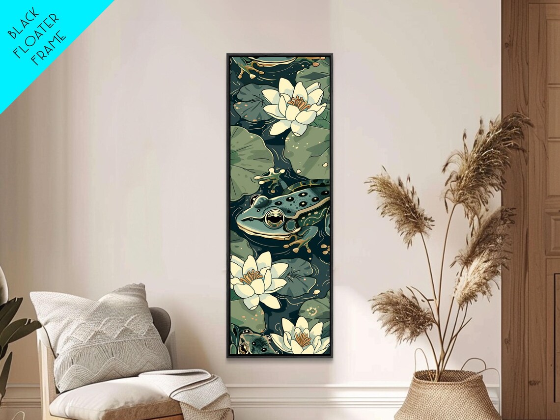 Green Frog Water Lilies Dark Pond Japanese Style Tall Art Poster - Image 6