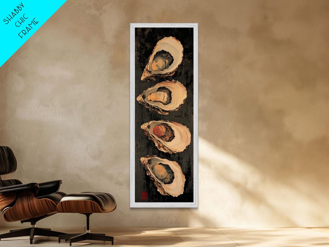 Oyster Shells Vertical Row Black Japanese Style Seafood Wall Art
