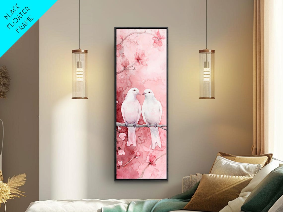 White Lovebirds On Cherry Blossom Branch Pink Romantic Wall Art