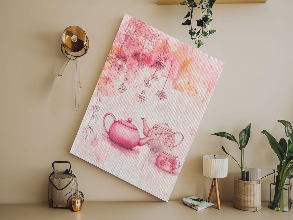 Pink Teapots With Floral Blossoms Watercolor Cozy Tea Wall Art Print - Image 5