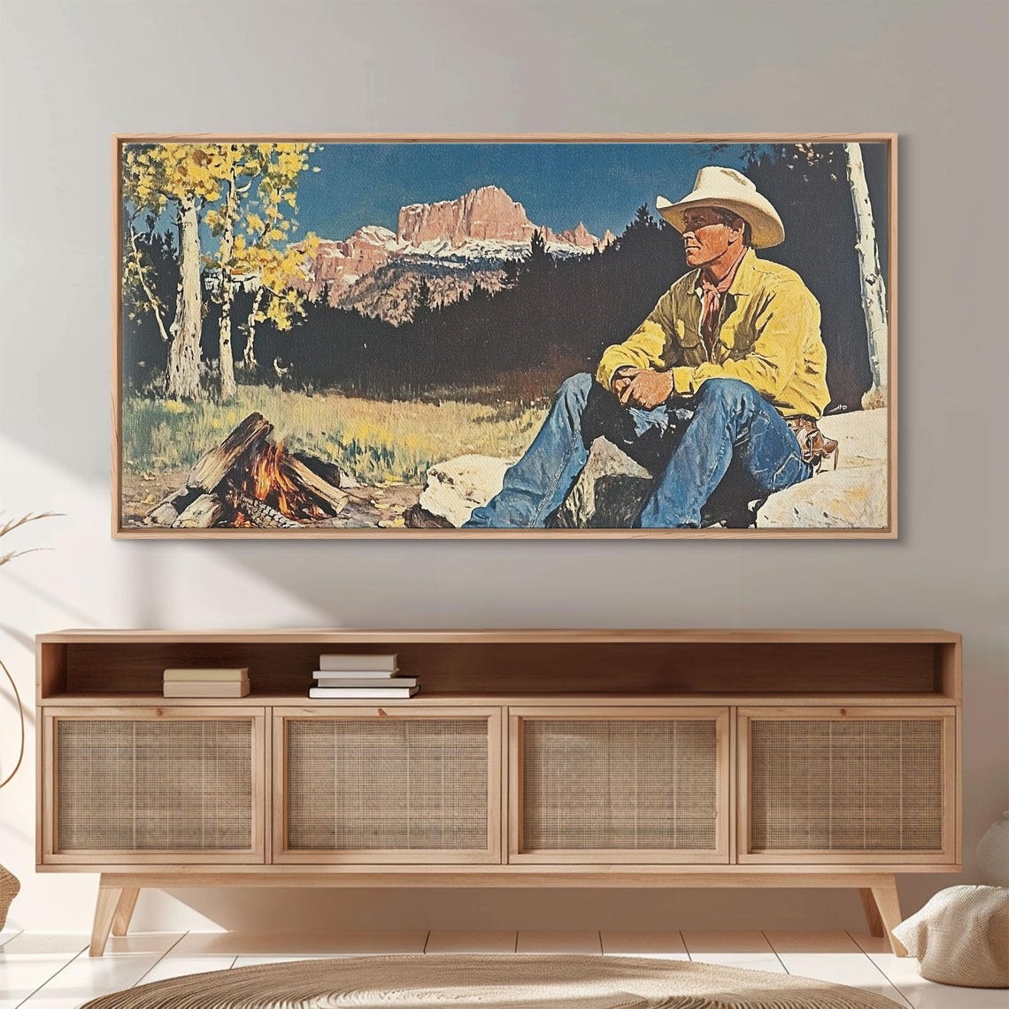 Cowboy Resting By A Campfire With A Mountain Backdrop Art Print - Image 2