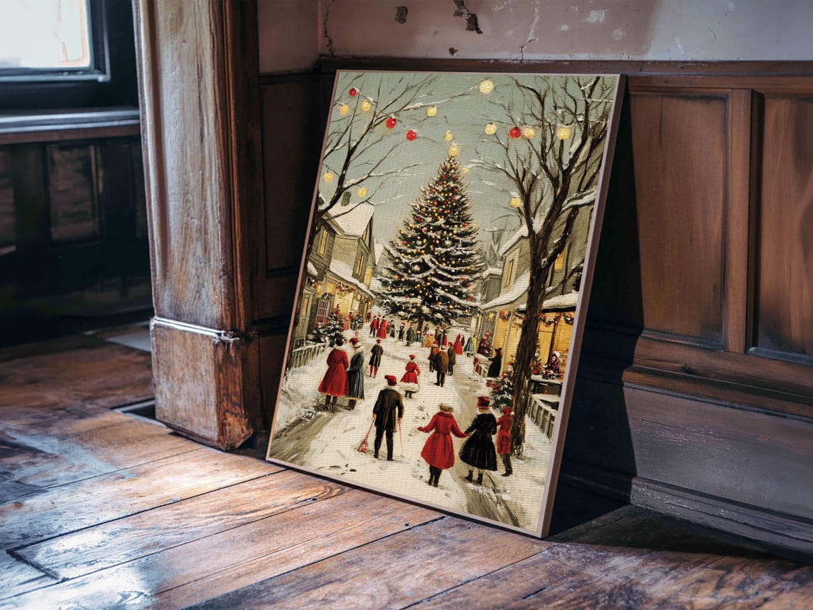 Christmas Tree Town Square Vintage Snowy Village Holiday Art Poster - Image 4