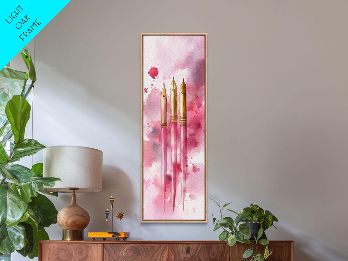 Pink Fountain Pens With Gold Nibs Watercolor Writer Office Wall Art - Image 4