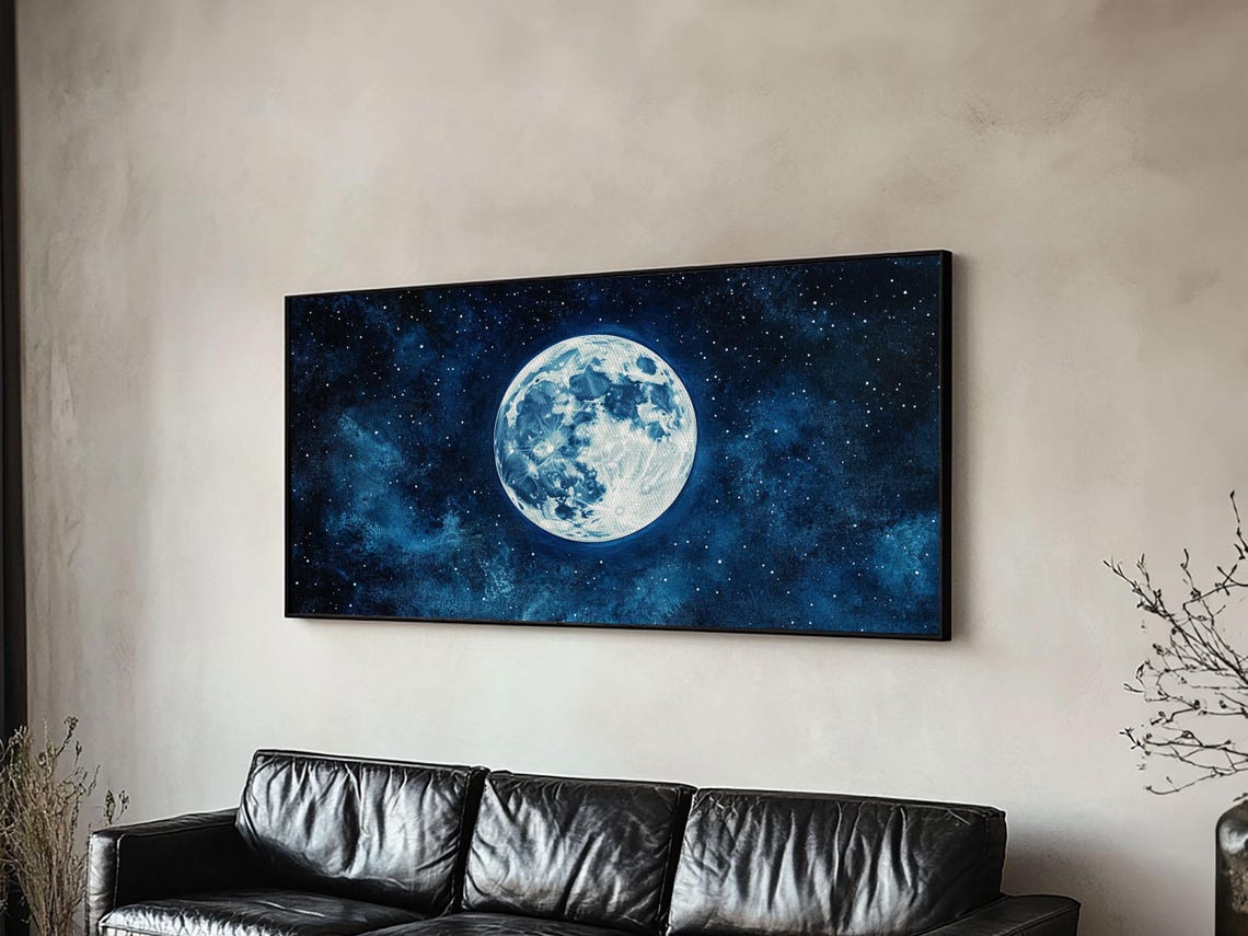 Full Moon Starry Deep Blue Night Sky Celestial Abstract Wall Art - Image 5