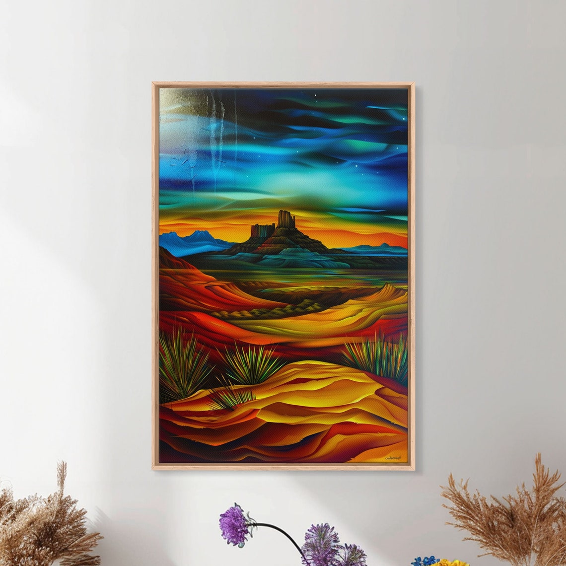 Desert Mesa Night Sky Aurora Colorful Southwest Landscape Wall Art - Image 3