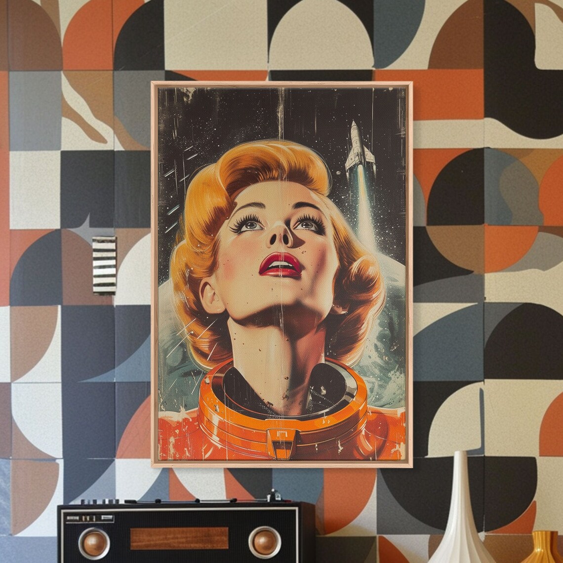Mid Century Atomic Age Space Poster, Astronaut Woman - Image 3