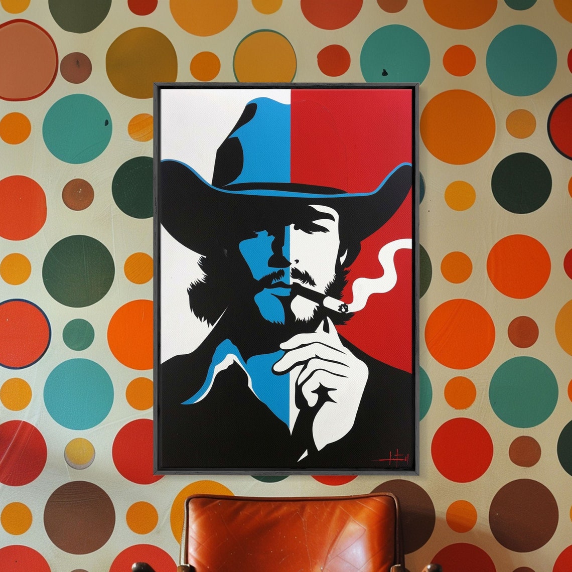 Cowboy Smoking Split Color Pop Art Red Blue Western Wall Art - Image 4