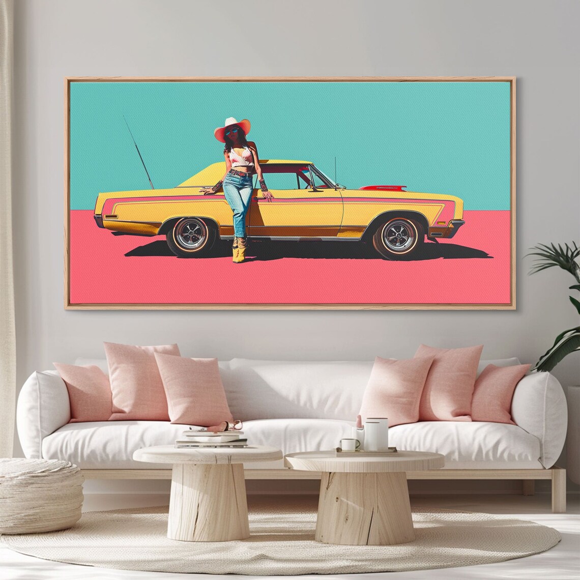 Bold Pop Art Cowgirl With Yellow Classic Muscle Car Turquoise Poster - Image 5
