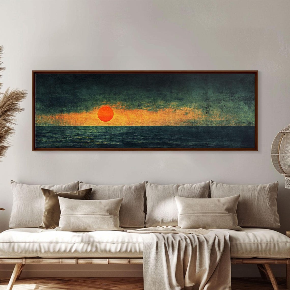 Moody Ocean Sunset Emerald Sea Big Orange Sun Panoramic Art Print - Image 4