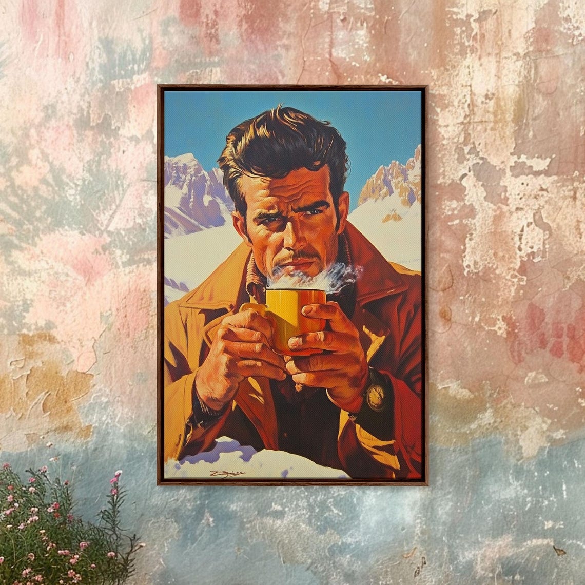 Rugged Man Drinking Hot Coffee Snowy Mountain Morning Art Poster - Image 3