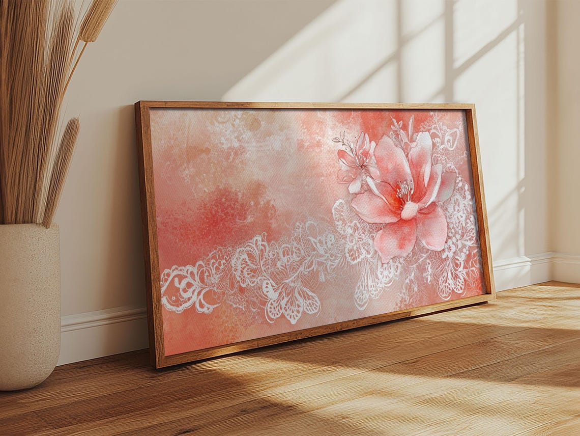 Coral Pink Floral With White Lace Watercolor Romantic Botanical Poster - Image 6