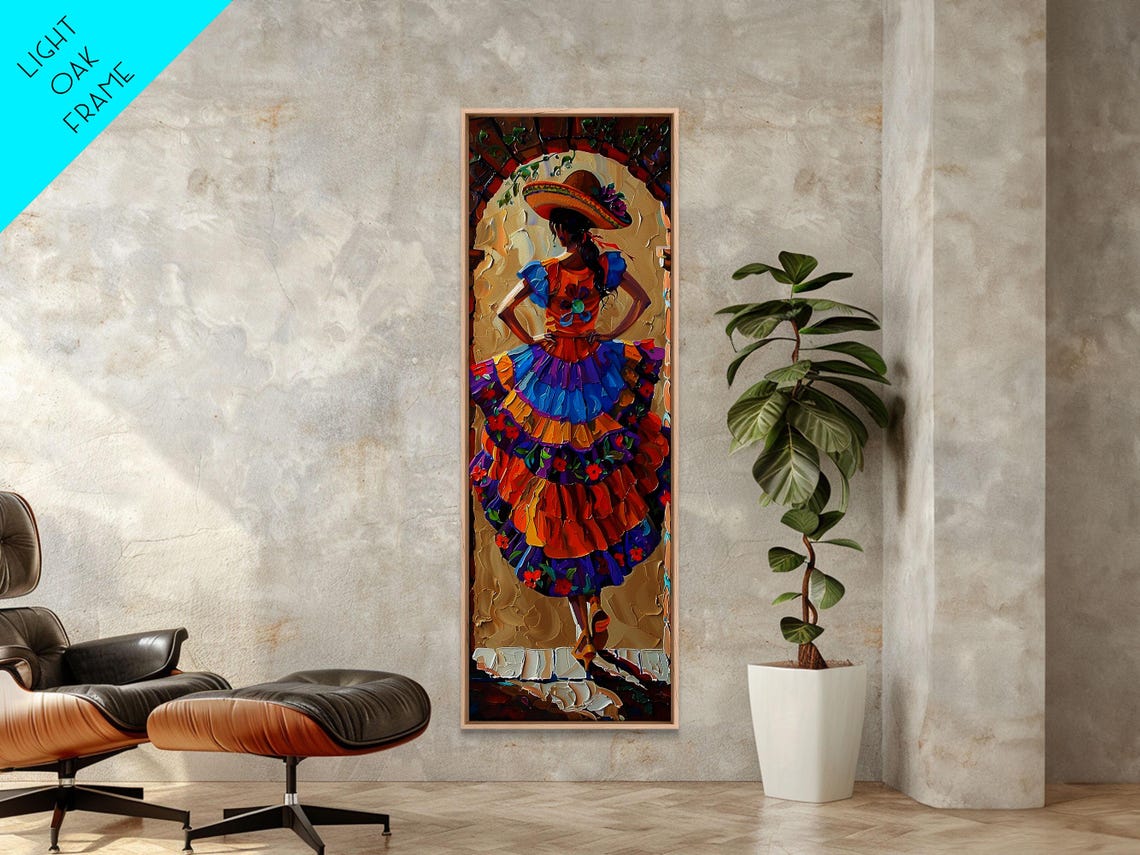 Mexican Dancer In Colorful Ruffled Dress And Sombrero Impasto Wall Art - Image 6