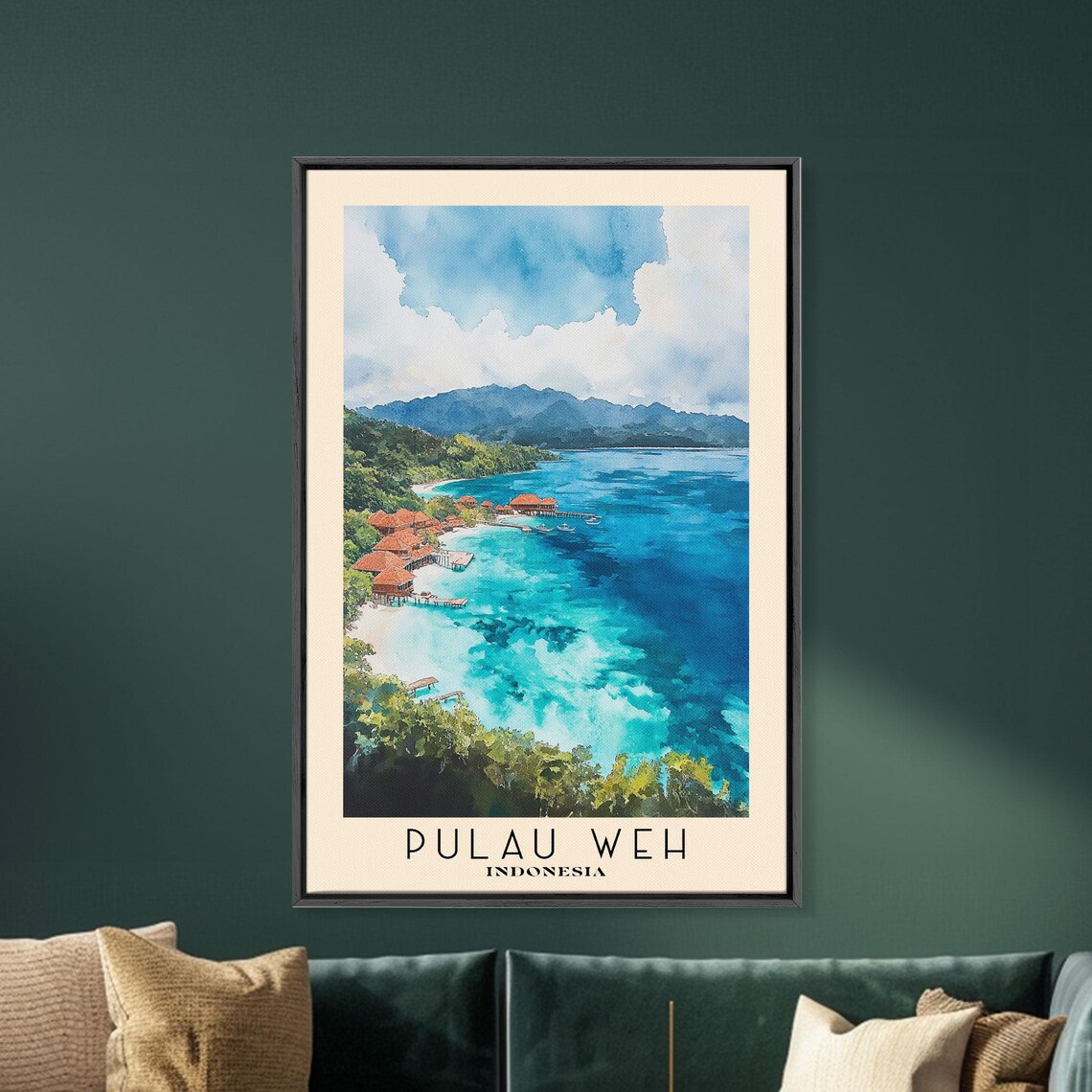 Pulau Weh Indonesia Aerial Overwater Bungalows Turquoise Reef Bay Watercolor Poster - Image 5
