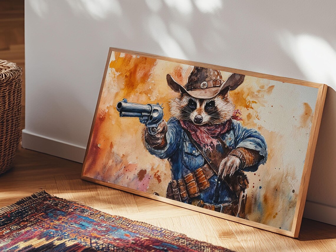 Raccoon Cowboy With Revolver Western Watercolor Animal Painting Print - Image 6