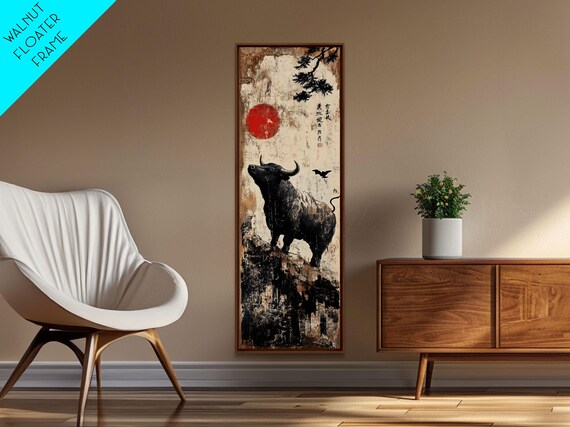 Black Buffalo Under Red Sun Japanese Ink Wash Rustic Wall Poster