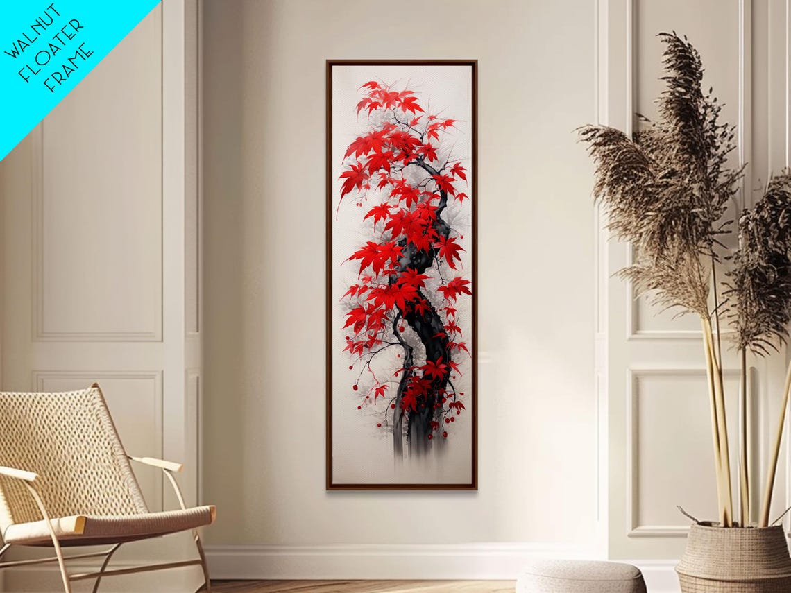 Red Japanese Maple Leaves On Twisted Trunk Ink Style Wall Art - Image 4