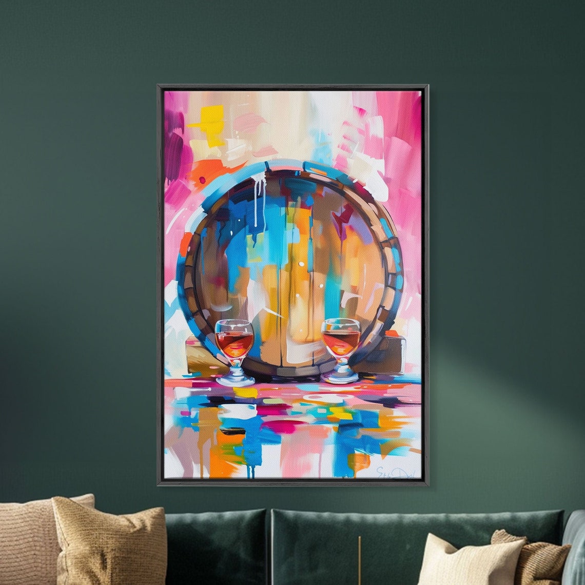 Abstract Wine Barrel With Two Glasses Modern Bar Decor Poster - Image 2