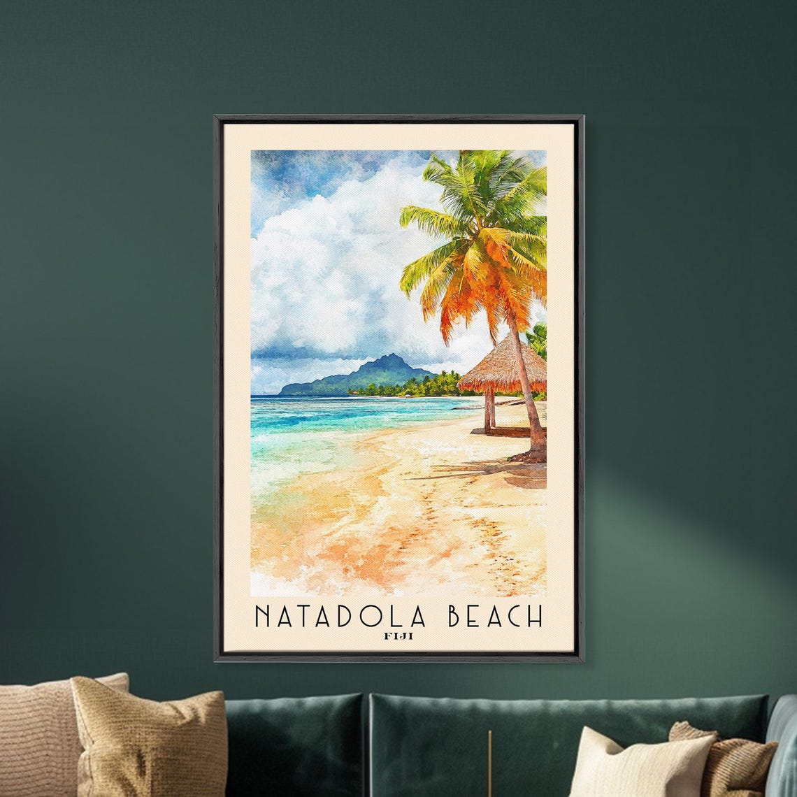 Natadola Beach Fiji Palm Tree Thatched Hut Island Watercolor Poster - Image 5