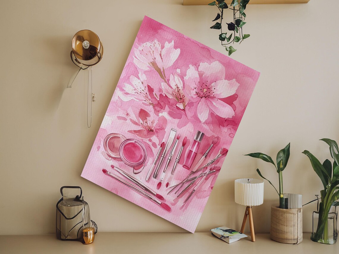 Cherry Blossom Print Featuring Makeup And Brush Theme Perfect Whimsical And Light Pink Wall Art Bedroom Or Bathroom Decor