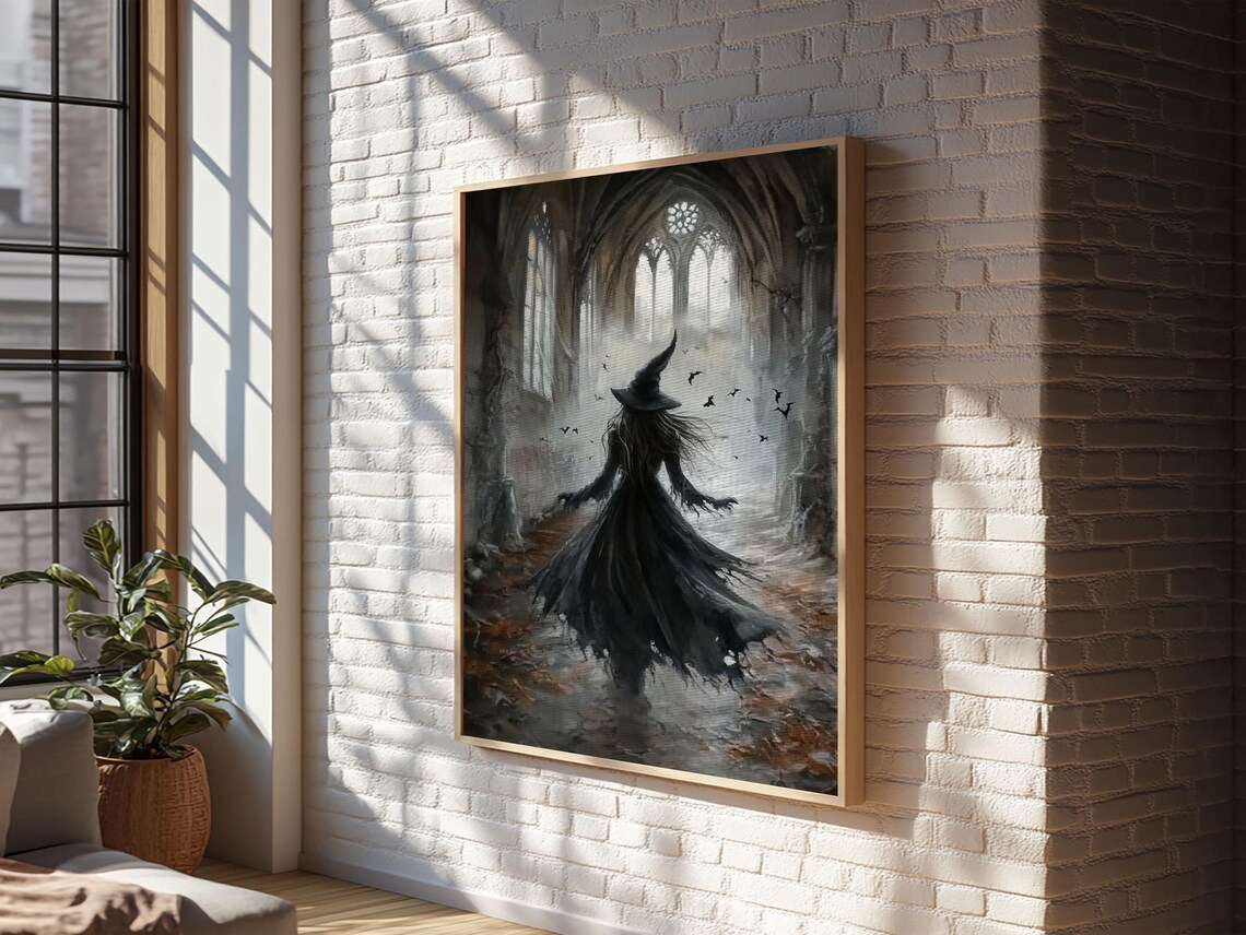 Witch In Gothic Cathedral Ruins Dark Moody Bats Spooky Halloween Art Poster - Image 6