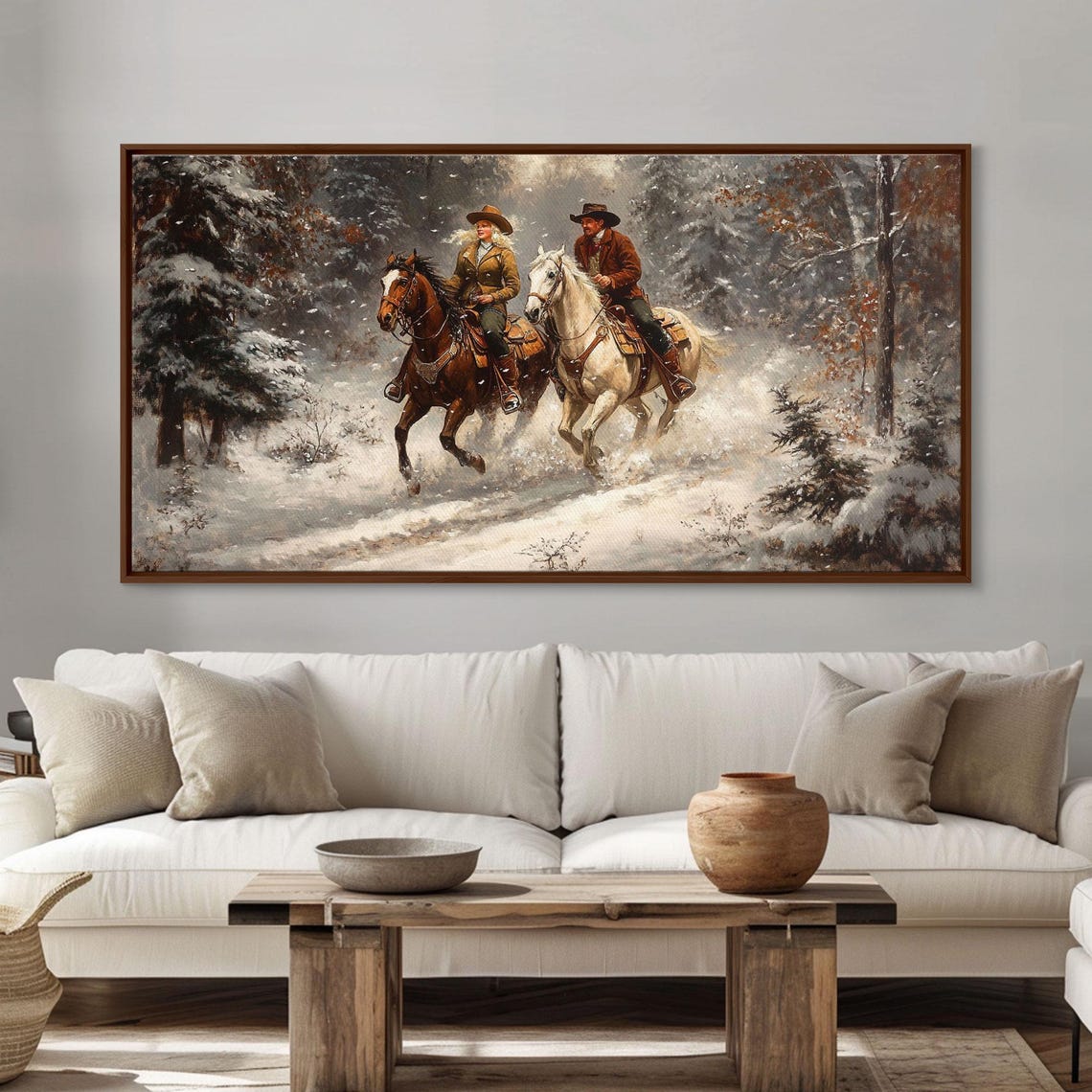 Riders In The Snow Framed Print Rustic Wall Decor Primitive Art Wall Art Warm Fall Colors Western Decor Rustic Farmhouse - Image 2