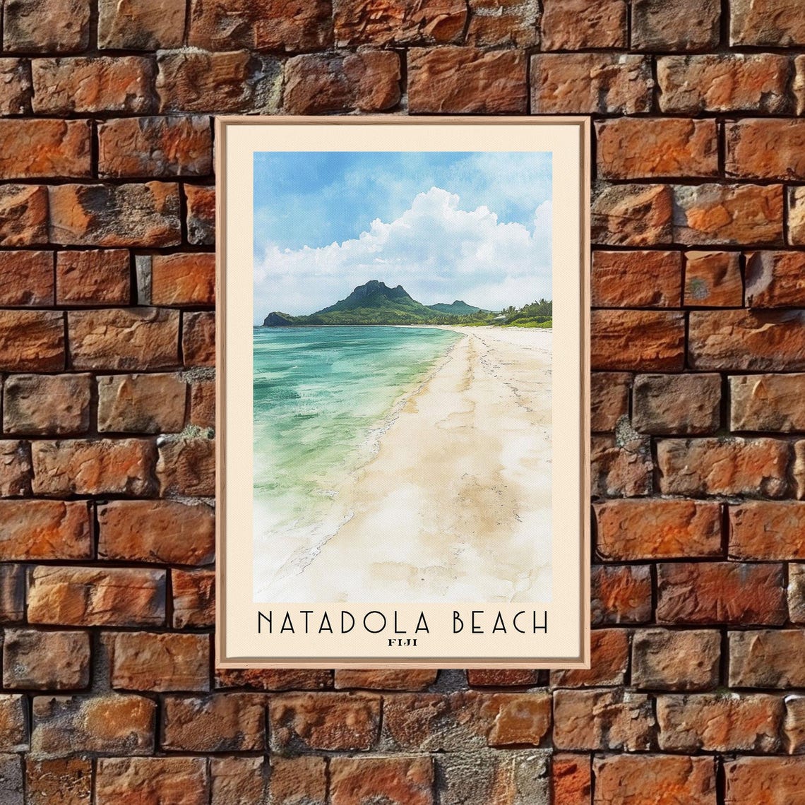 Natadola Beach Fiji Long Sandy Beach Green Mountain Watercolor Poster - Image 4