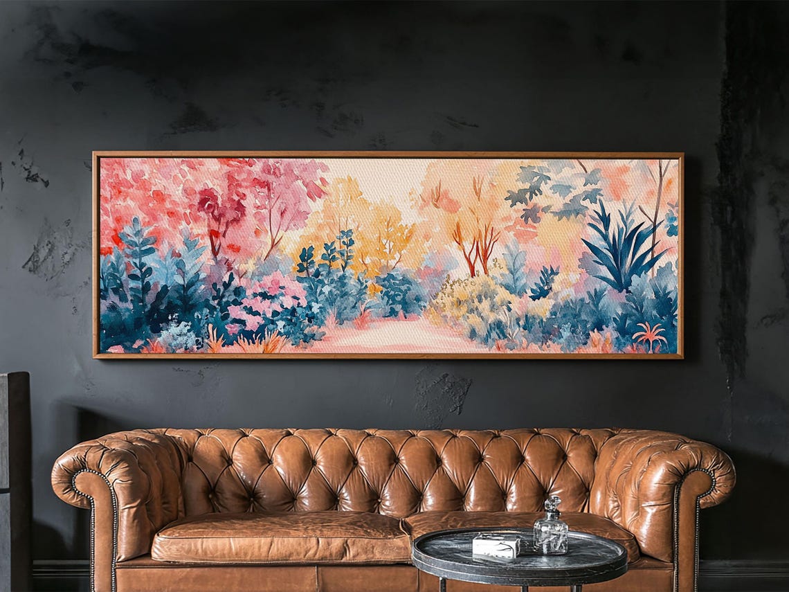 Colorful Garden Path Blooming Trees Watercolor Landscape Poster