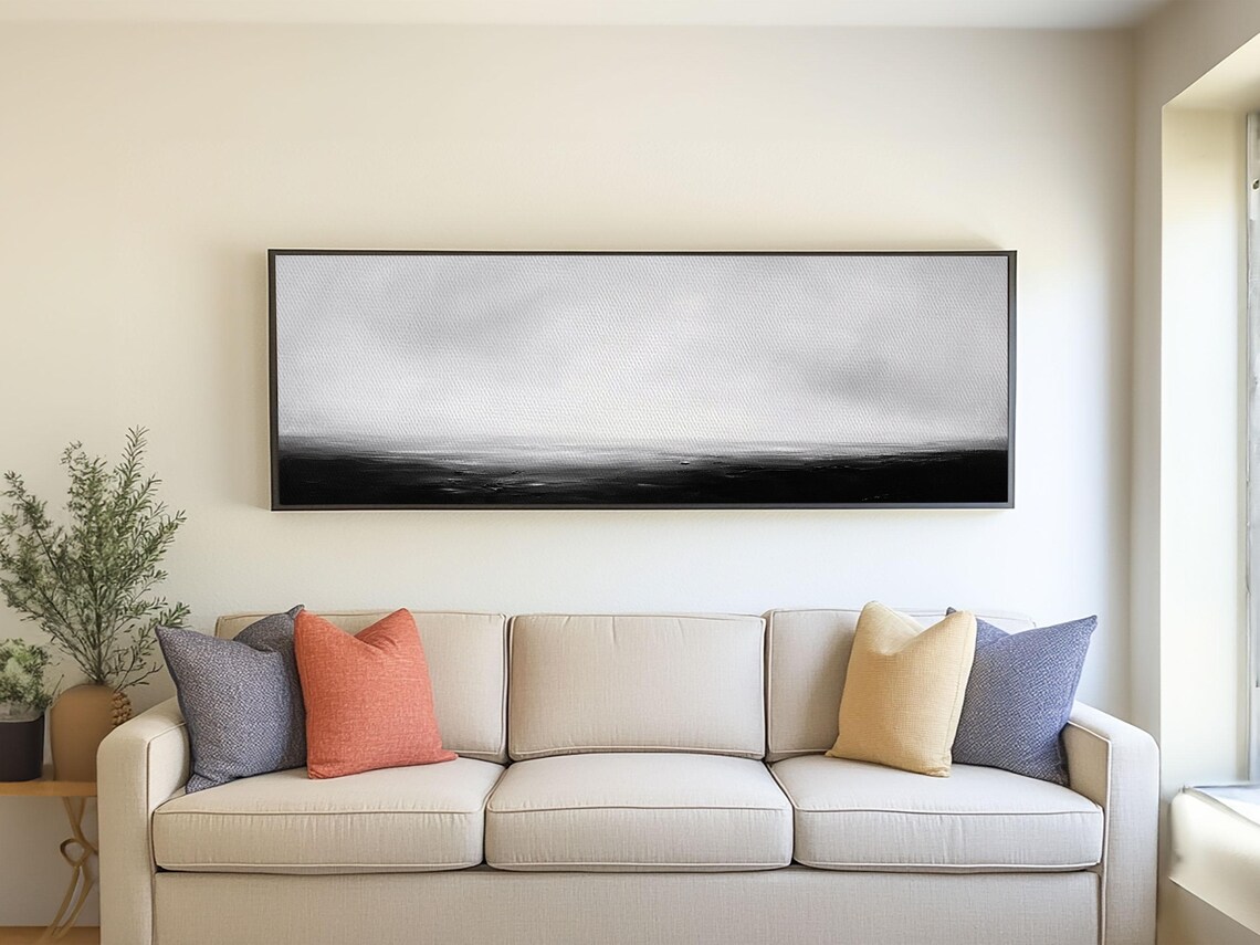 Black White Moody Seascape Minimalist Panoramic Ocean Horizon Wall Poster - Image 2