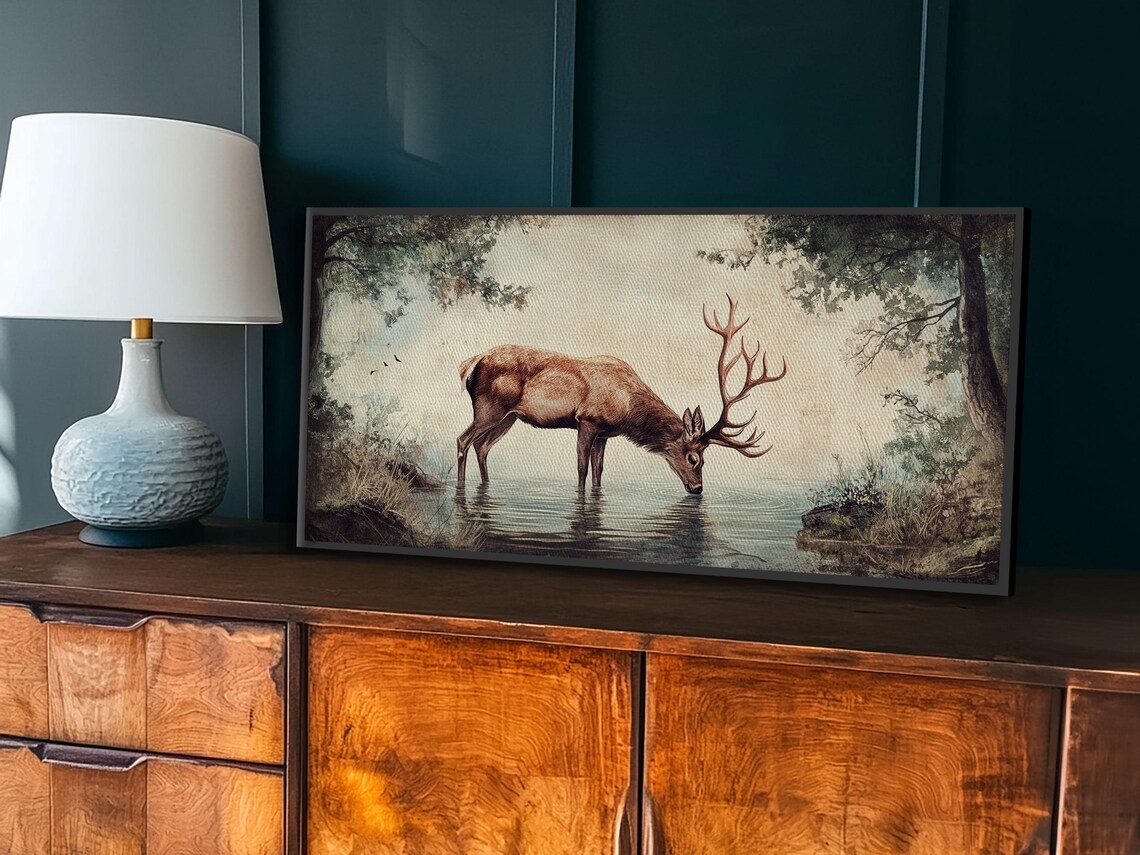 Elk Drinking Water in the Forest, Rustic Cabin Art Print - Image 4