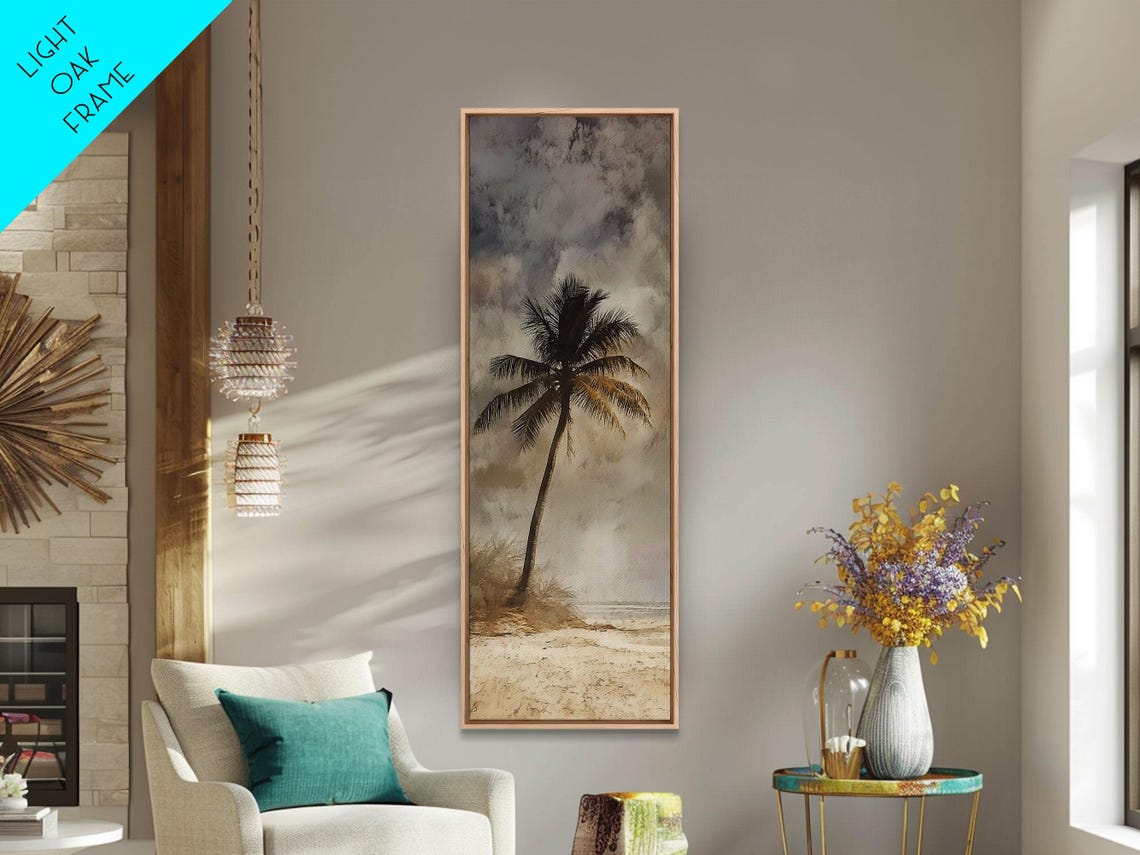 Framed Print Moody Palm Tree Painting Coastal Landscape Art Wabi Sabi Art Above Sofa Wall Decor Rustic Beach Scene Print - Image 2