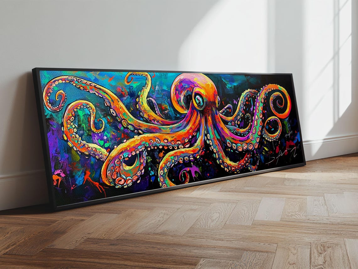 Neon Octopus Colorful Tentacles Dark Background Ocean Decor Poster - Image 5